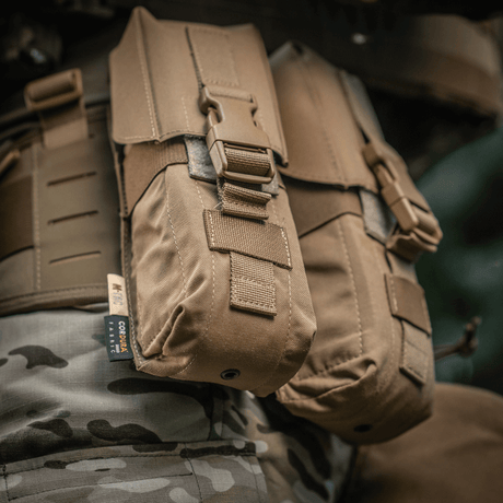 M-Tac Double Magazine Pouch with Fastex closure for AR and AK series magazines, robust Cordura 500D in outdoor use.
