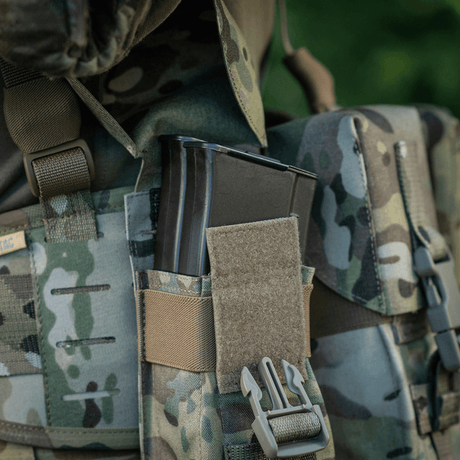 M-Tac Double Magazine Pouch with Fastex Closure for AR and AK magazines in camouflage, rugged Cordura 500D, ideal for military use