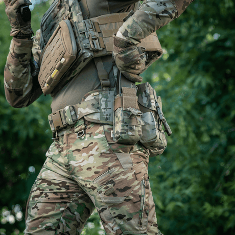 M-Tac Double Magazine Pouch with Fastex Closure in use during tactical operations, made from durable Cordura 500D material