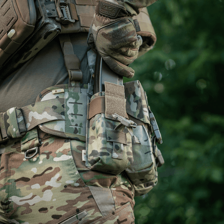 M-Tac Double Magazine Pouch with Fastex Closure on a tactical belt in use, ideal for AR and AK magazine storage and transport