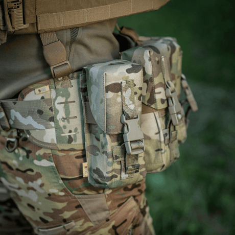 Image shows M-Tac Double Magazine Pouch with Fastex Closure, designed for AR and AK magazine transport in Cordura 500D material