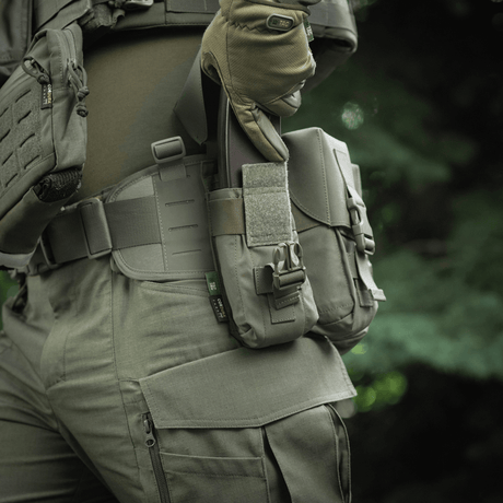 M-Tac Double Magazine Pouch with Fastex Closure attached to tactical belt, ideal for military and outdoor activities