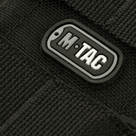 Close-up of M-Tac open double mag pouch for AK with rubber-coated logo, suitable for secure storage of AK magazines under extreme conditions