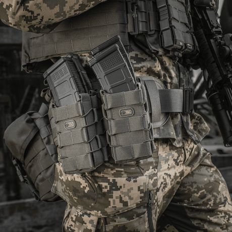 M-Tac open double mag pouch for AK mounted on a tactical vest in a military setting