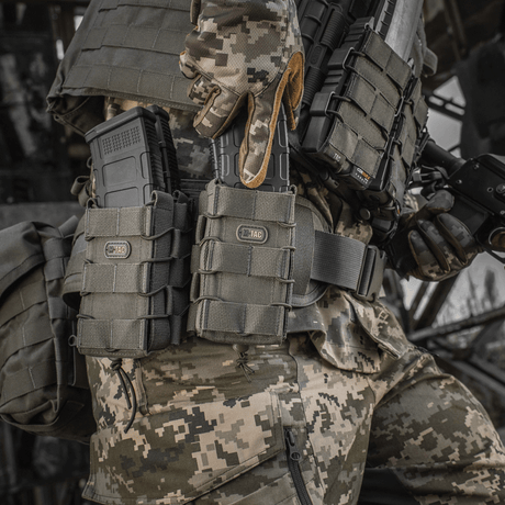 M-Tac open double mag pouch for AK in use, robust pouch for secure storage of AK magazines under extreme conditions