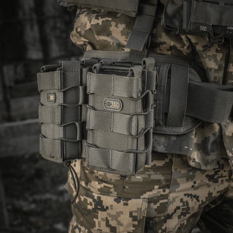 M-Tac open double mag pouch for AK mounted on camouflage gear, showing robust design and functionality for secure magazine storage