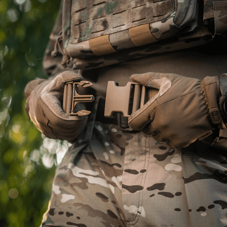 M-Tac War Belt ARMOR in use, showing a tactical belt with MIL-SPEC MOLLE webbing and Cordura 500D fabric adapted for combat gear.