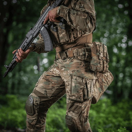 Tactical gear in action with M-Tac War Belt ARMOR, suitable for combat and accessory storage in the field. Hard-wearing Cordura 500D material.