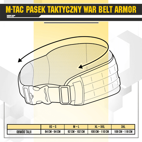 Diagram of M-Tac War Belt ARMOR with size guide and MOLLE webbing.
