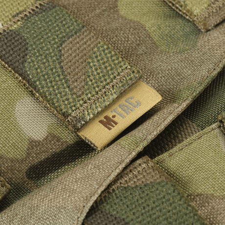 Detail of M-Tac War Belt ARMOR with MOLLE webbing, showing hard-wearing Cordura 500D in a camouflage design.