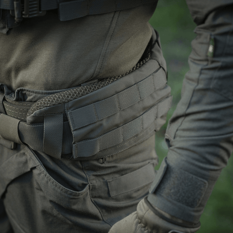 Close-up of M-Tac War Belt ARMOR with durable design and MOLLE-webbing, ideal for tactical use and gear configuration.