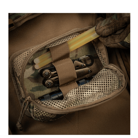 M-Tac Hook & Loop Utility Panel with modular zip pocket and elastic straps for internal organization, gallery position 1 in camouflage material.