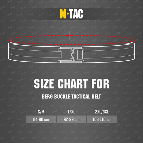 Size guide for M-Tac Berg Buckle Tactical Belt with measurements available for S/M, L/XL, 2XL/3XL.