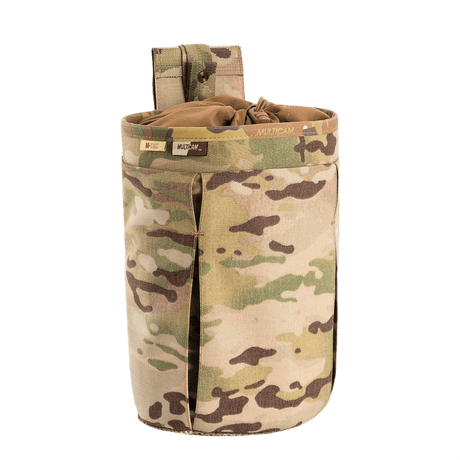 M-Tac Mag Drop Pouch Elite in camouflage pattern for MOLLE mounting, used for quick magazine changes during emergency tasks
