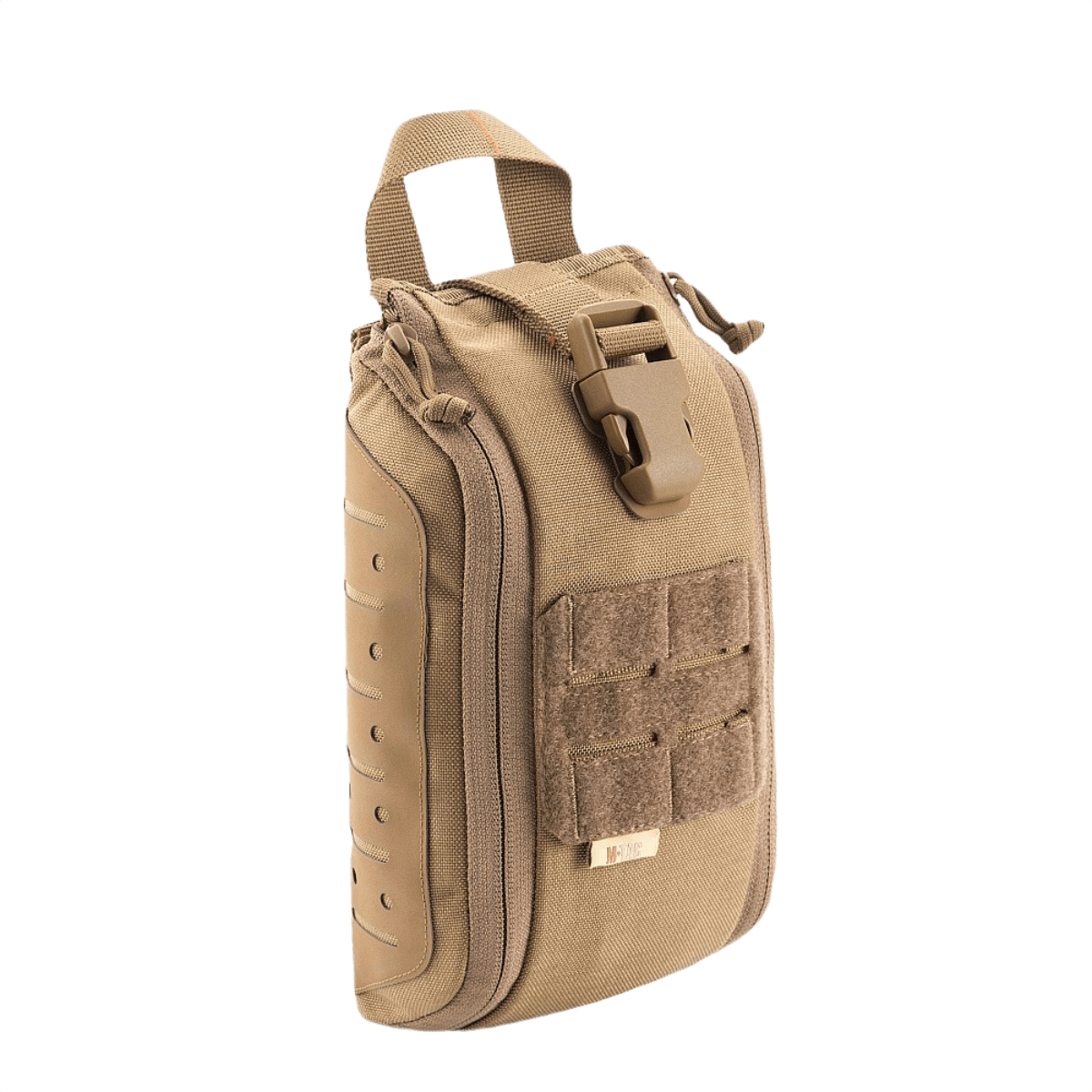 M-Tac Medical Pouch Elite Rip Off taktisk førstehjælpstaske i sandfarve med hurtig adgang og elastiske stropper til organisering.