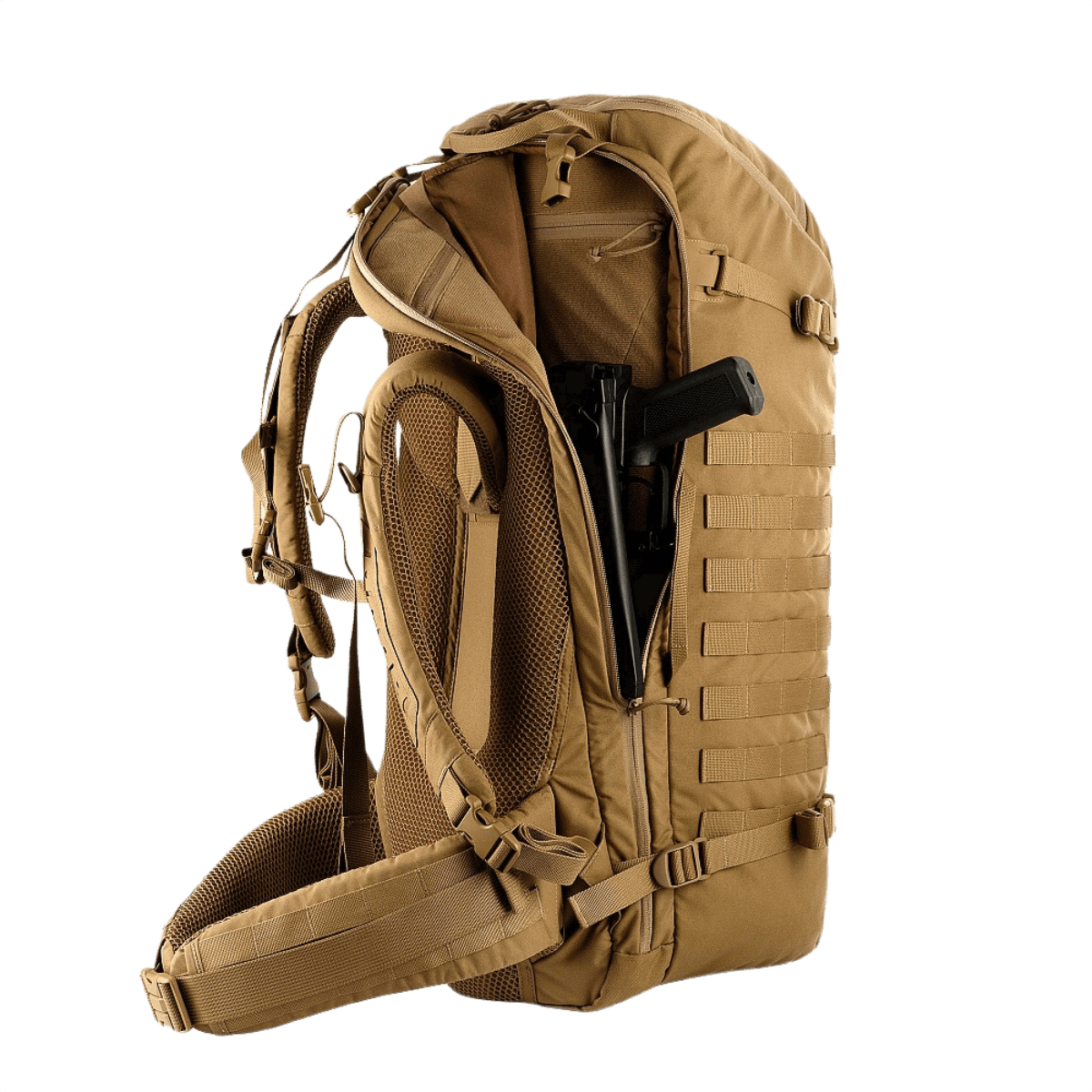 M-Tac Rygsæk Gen.II Elite Large med våbenrum samt ergonomisk design og Cordura 330D materiale, vises åben og klar til brug.