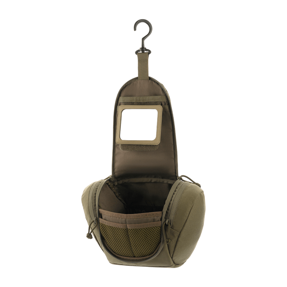 M-Tac Toilettaske Elite Gen.II i olivengrøn åben med krog og flere rum til hygiejneartikler, perfekt til organiseret rejseopbevaring.