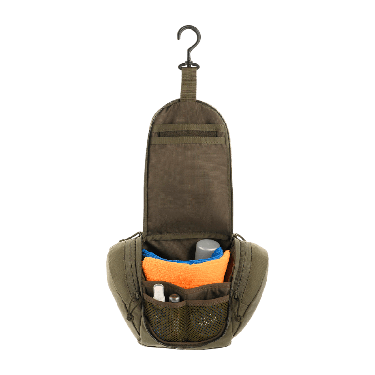 M-Tac Toilettaske Elite Gen.II åben med opbevaring af hygiejneartikler, kompakt design til rejsebrug.