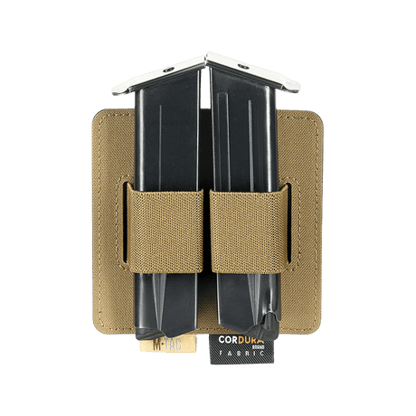 M-Tac Double Mag Pouch Hook Backed Magazine with two black magazines in a brown holder with Velcro attachment, front view.