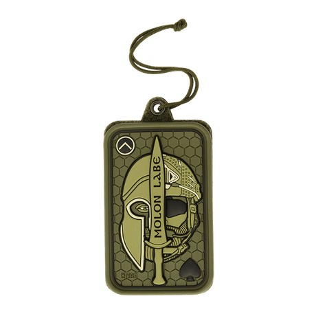 M-Tac Badge Holder – ID card and patch holder with paracord and tactical design in olive-green plastic with 'Molon Labe' print.