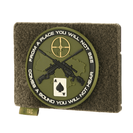 M-Tac Tactical Morale Patch Display Board Hook and Loop Molle 120x85 with plastic base and patch secured via MOLLE system and Velcro.