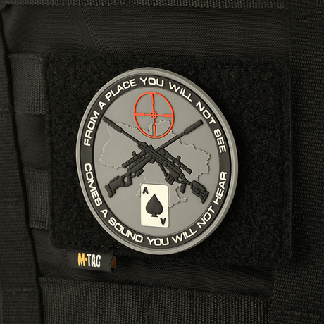 M-Tac Tactical Morale Patch Display Board Hook and Loop Molle 120x85 with a sniper motif on black background. For MOLLE systems.