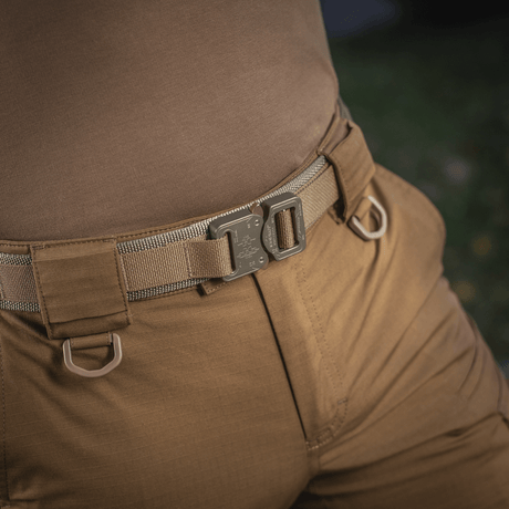 M-Tac Cobra Buckle Tactical Belt Laser Cut fastened to pants, showing details of the AustriAlpin COBRA buckle and MOLLE Laser Cut interface.