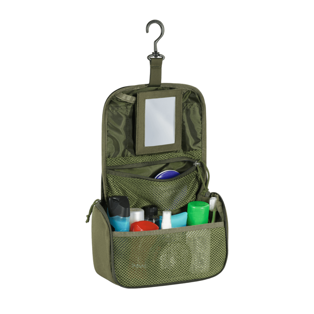 M-Tac Toilettaske i vandafvisende 600D polyester, åben med tandbørster og cremer synlige, praktisk til rejsebrug. Dimensioner: 24 x 15 x 8,5 cm.