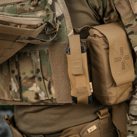 M-Tac Tourniquet Pouch Elastic VELCRO Gen.II in use on a tactical vest with quick access to C-A-T tourniquet, made of Cordura 500D
