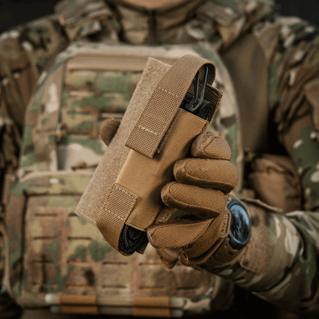 M-Tac Tourniquet Pouch Elastic VELCRO Gen.II mounted on a tactical vest with VELCRO mount, easy access to C-A-T tourniquet