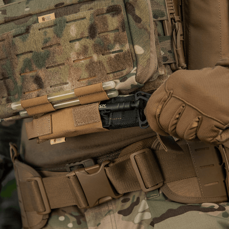 Tactical M-Tac Tourniquet Pouch Elastic VELCRO Gen.II mounted on a plate carrier with C-A-T tourniquet in Cordura 500D material