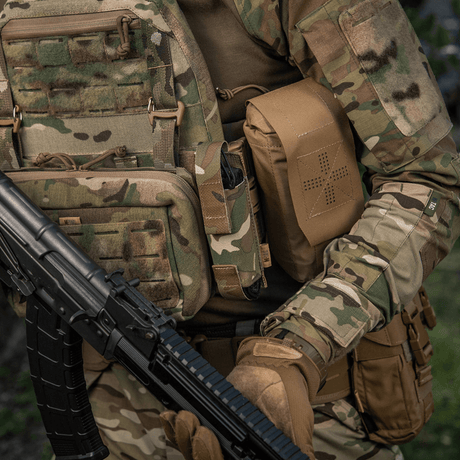 M-Tac Tourniquet Pouch Elastic VELCRO Gen.II in use on a tactical vest in camouflage