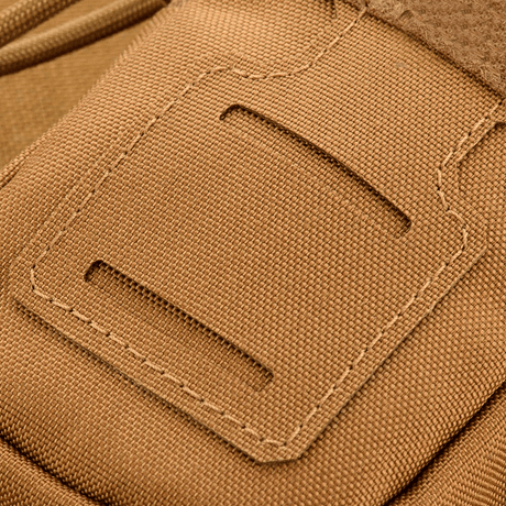 Close-up of M-Tac PC Utility Pouch Elite with MOLLE interface and Velcro panel in 500D Cordura. Tactical storage accessory