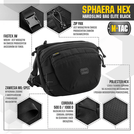 M-Tac Sphaera Hex Hardsling Bag in black with modular system and hidden weapon compartment, made of Cordura/Hex polyester, with zippers and fastex fittings.