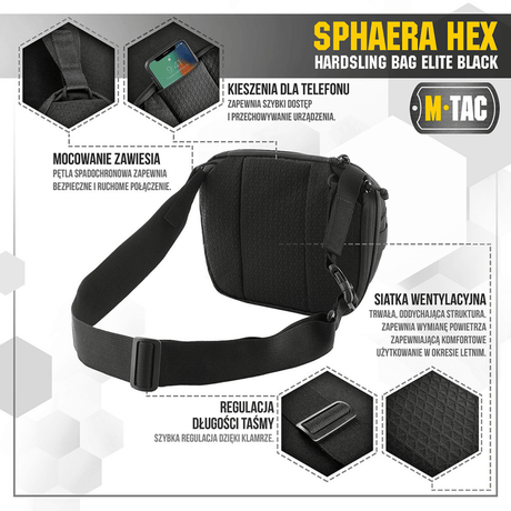 Black M-Tac Sphaera Hex Hardsling Bag with phone pocket, ventilated mesh back and modular fittings, for comfortable carry.