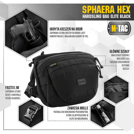 M-Tac Sphaera Hex Hardsling Bag in black with hidden weapon compartment and modular system, made of durable Cordura/Hex polyester.