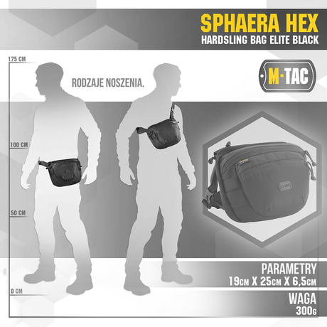 M-Tac Sphaera Hex Hardsling Bag, compact shoulder or belt bag with modular system and hidden weapon compartment, black design.