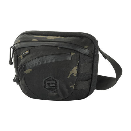 M-Tac Sphaera Hex Hardsling Bag Gen.II Elite in black and camouflage, Cordura bag with adjustable strap and zip pockets.