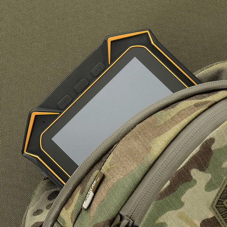 Tablet in M-Tac Sphaera Hex Hardsling Bag Gen.II Elite with camouflage design, showing the roomy main compartment.