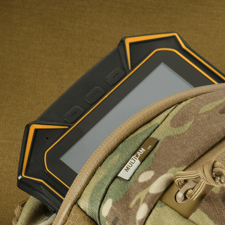 Multicam tactical bag with device partially visible, showcasing functionality and style.