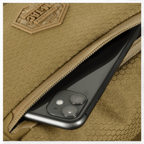 M-Tac Magnet XL Bag Elite Hex with phone in zip pocket, showing capacity and function of the FidLock system.