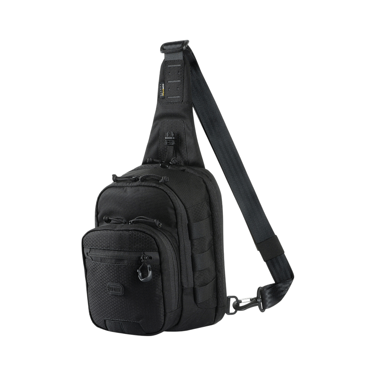 M‑Tac Cross Bag Elite Hex i robust Cordura 500 materiale, sort sling taske med MIL-SPEC fittings, perfektioneret til taktisk brug.