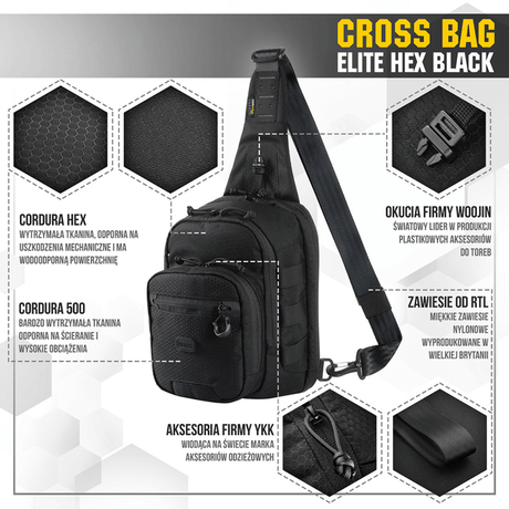M‑Tac Cross Bag Elite Hex in black, Cordura 500, for daily use and tactical gear, with MIL-SPEC fittings and YKK zippers