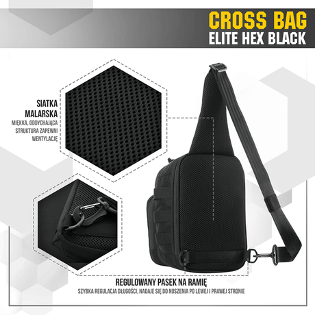 M-Tac Cross Bag Elite Hex, black one-shoulder sling pack, made of Cordura 500, for daily use and tactical gear