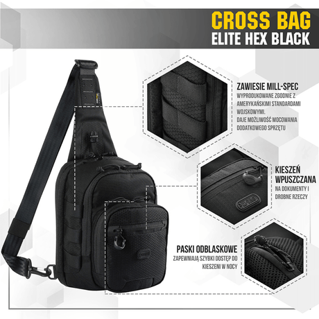 M‑Tac Cross Bag Elite Hex, practical black sling pack with MIL-SPEC straps and YKK zippers, suitable for daily use and tactical gear