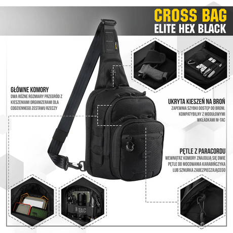 M‑Tac Cross Bag Elite Hex in black with adjustable straps and multiple compartments for daily use and gear