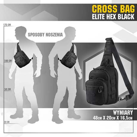 M‑Tac Cross Bag Elite Hex in black, dimensions 48x20x16,5 cm, tactical sling pack