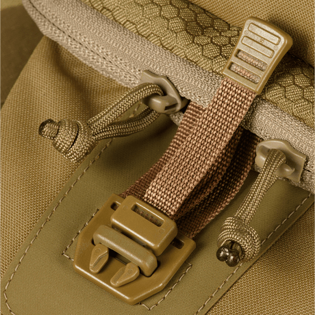 Detail of M-Tac Cross Bag Elite Hex in Cordura 500 material with WJ fittings and brown YKK zippers.
