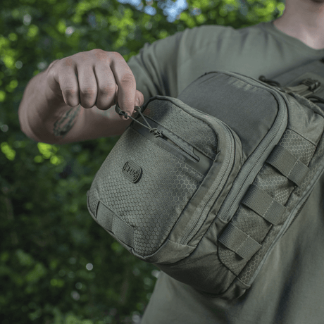 M-Tac Cross Bag Elite Hex bag shown in use with durable Cordura 500 material and practical zippers, perfect for daily and tactical use.