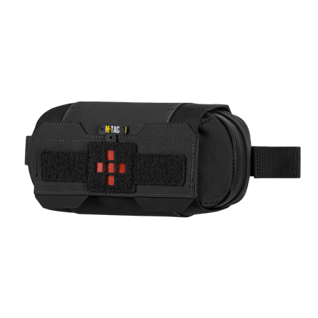 M‑Tac Horizontal Medical Pouch Elite i sort med organizer til IFAK og paracord-loop, fremstillet af holdbart Cordura 500D materiale.